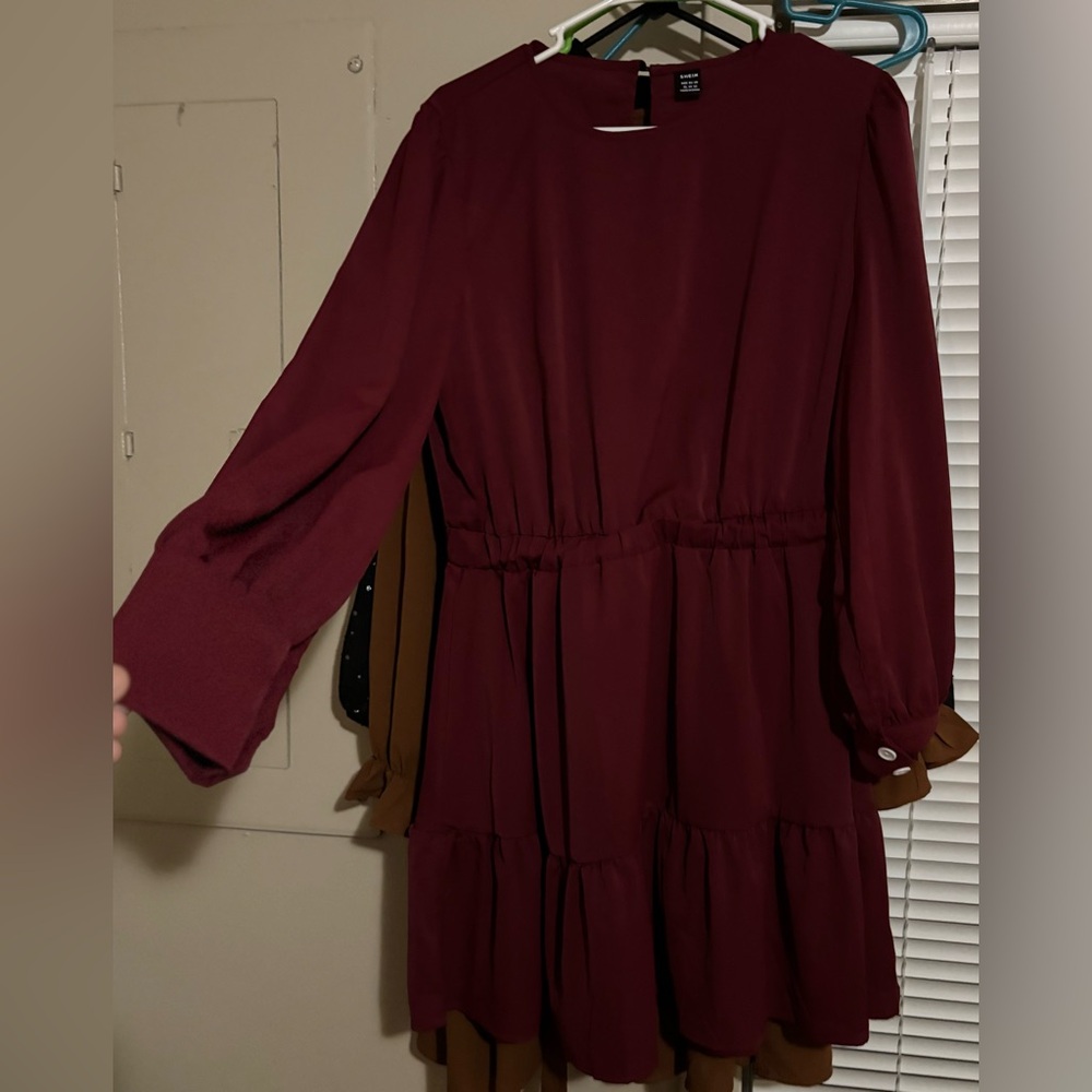 Shein Elegant Burgundy Long Sleeve Dress